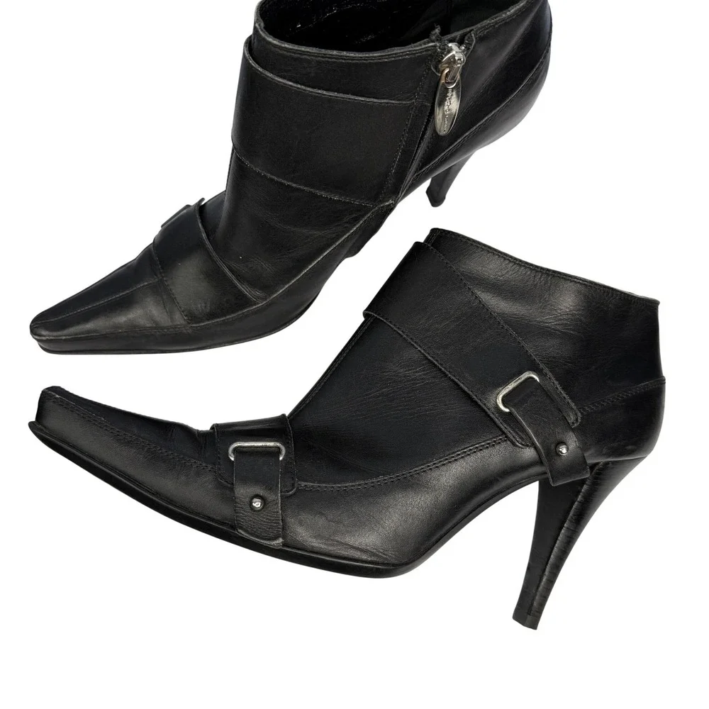 Sergio Rossi Black Leather Pointed Toe Buckle Ankle Boots Heels Size 9 US